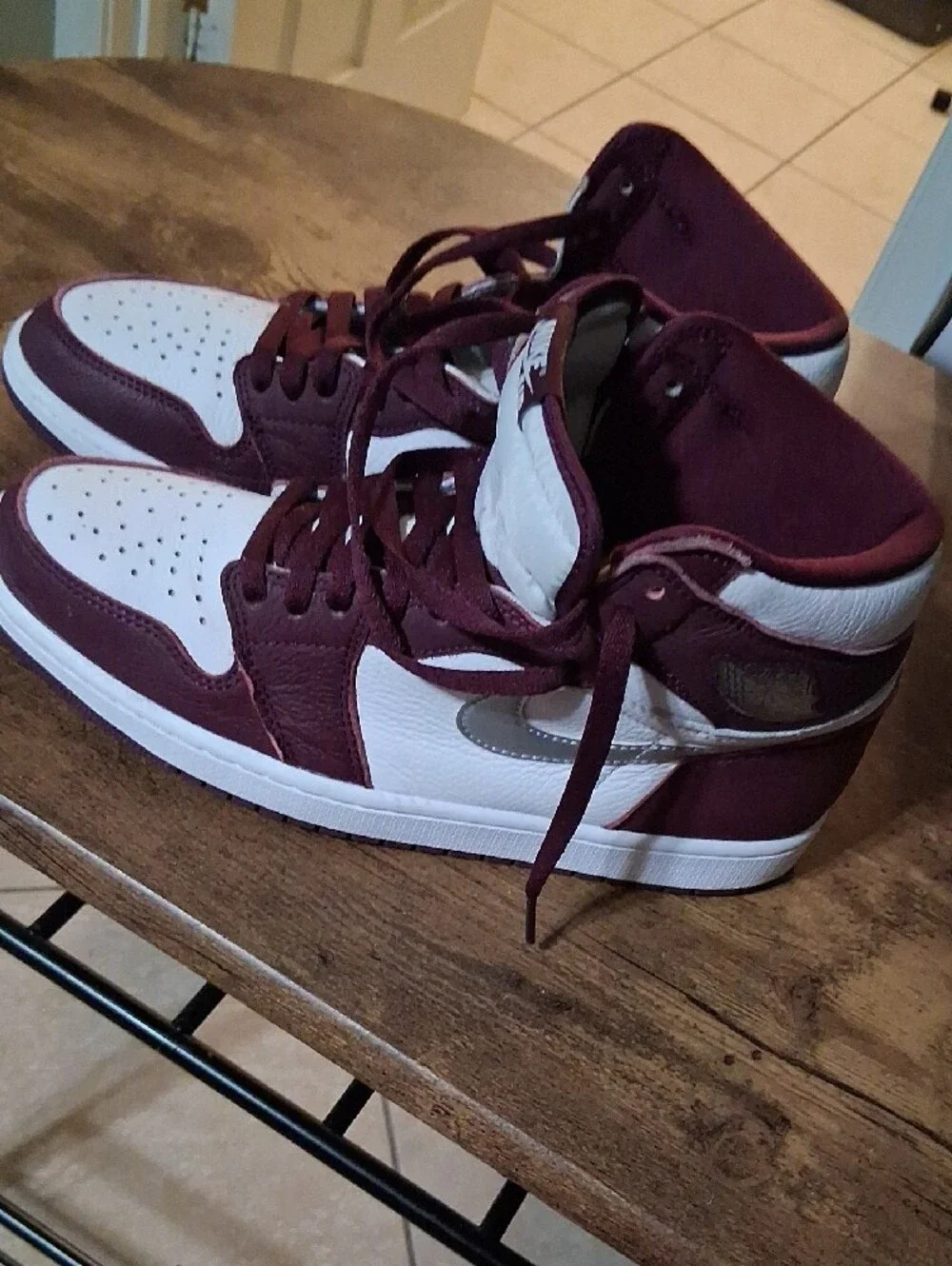 Jordan Men's High-Top Sneakers — White & Maroon with Silver Swoosh